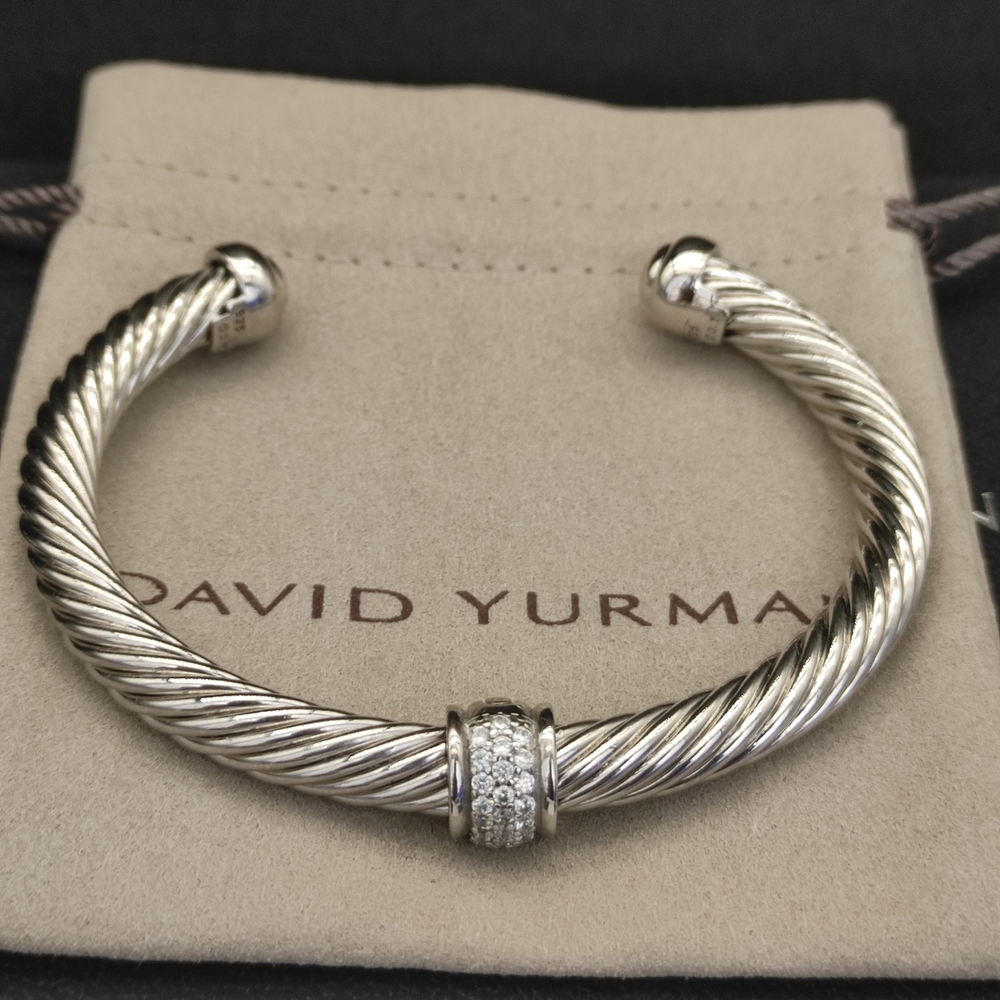 David Yurman 7mm Silver Beaded White Diamond Bracelet